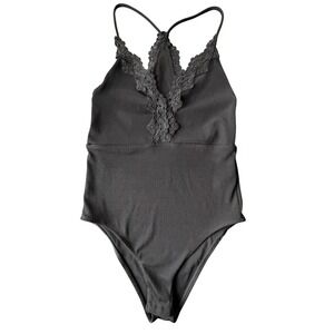 Topshop‎ Ribbed Lace Trim Bodysuit Womens M Black  Minimalist Intimates Romantic